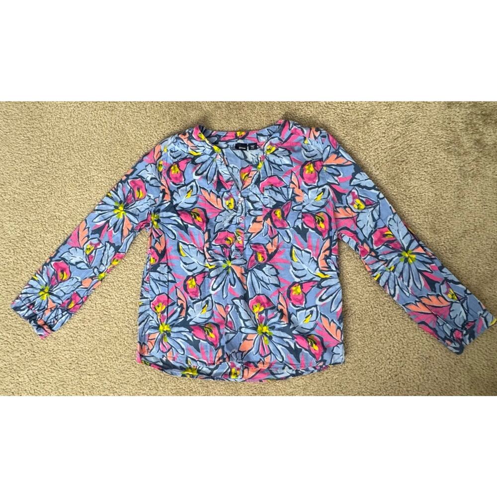 Basic Editions Floral Blouse XL Blue Pink Long Sleeve Cotton Boho Top